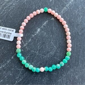 Angel skin Coral Pink and Adventurine Green Beaded Bracelet 6” long